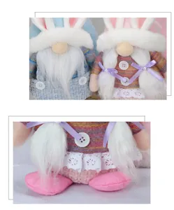 Detailed close-up of handmade Easter gnomes showing lace edges and plush rabbit ears