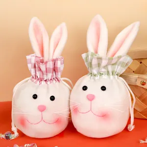 Easter Bunny Candy Bags Plush Rabbit Ears Drawstring Pouch Gingham Trim For Party Favors Birthday Treats Gift Wrap