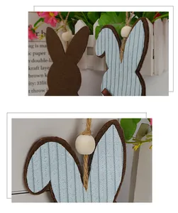 Detail of Easter bunny ornaments with natural wooden beads and jute rope hangers