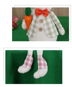 Vue détaillée du tissu à carreaux vert et de la carotte en peluche sur le gnome lapin de Pâques