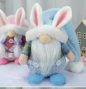 Detail of plush Easter gnome dolls with rabbit ears and handmade soft textures
