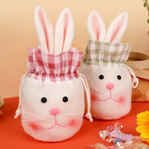 Easter bunny drawstring candy bags with long ears in red and green checkered plush fabric