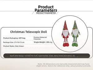 Detail of red and green telescopic Christmas gnomes with fabric texture and size specifications