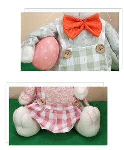 Detail von Oster-Zwergpuppen mit grüner Karo-Latzhose und floralen Stofftexturen