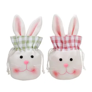 Easter bunny drawstring candy gift bags with plush rabbit ears and green pink gingham trim