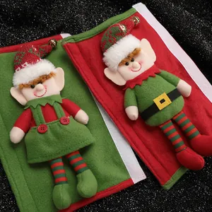 Fundas de manijas para nevera de elfo navideño en rojo y verde con cascabeles