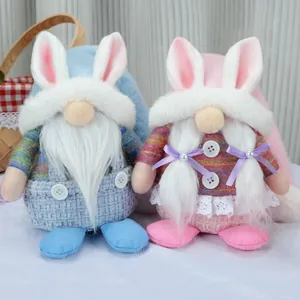Easter Faceless Gnome Plush Doll With Rabbit Ears And Stripes Pink Blue Lace Gnomes For Easter Party Home Decoration