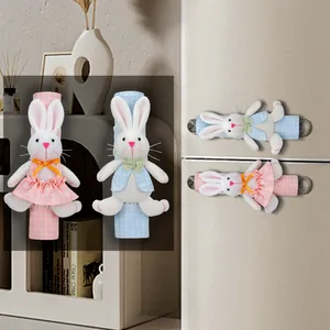 Fundas para Asa de Frigorífico de Conejo de Pascua Rosa Azul Vichy Peluche Conejo Protector de Asa de Electrodomésticos