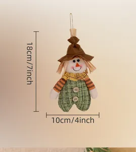 Detail view of 18cm Thanksgiving scarecrow ornament with burlap hat and wooden buttons