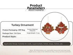 Detail specifications of Thanksgiving fabric turkey pendant with dimensions and polyester material