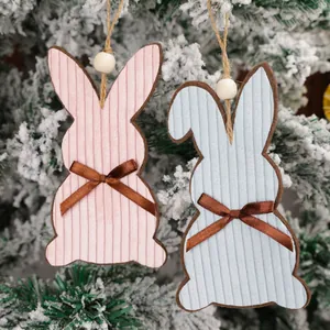 Easter Rabbit Shaped Hanging Ornament Corduroy Bunny Decoration With Wood Bead Hemp Rope For Festival Home Party Decor Pink Blue