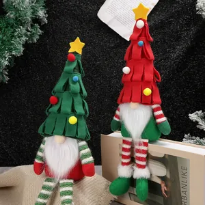 Pair of Christmas faceless gnomes with striped long legs and colorful pompom hats