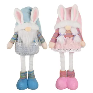 Easter gnome plush doll set with bunny ears and extendable legs in pink and blue colors