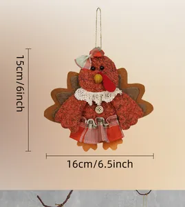 Detail showing dimensions of fabric turkey hanging ornament with lace and wood button