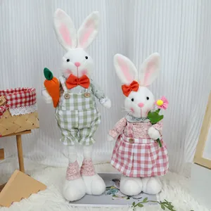 Figurine De Gnome Lapin De Pâques Avec Jambes Télescopiques Carotte Robe Écossaise Poupée Lapin Style Pastoral Décor Maison