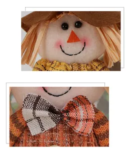 Detailed close-up of straw man doll head and knit outfit with orange bow tie for Thanksgiving