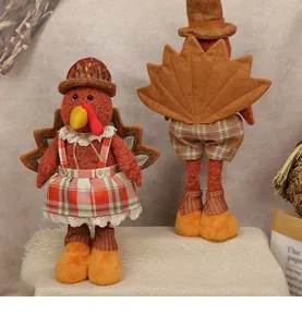 Front and back view of standing fabric turkey dolls for Thanksgiving home decor accents