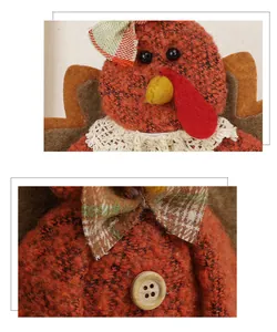 Close-up of Thanksgiving fabric turkey decoration featuring tweed, lace, and wooden button details