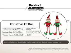 Detailed dimensions and polyester material specs for red and green Christmas elf dolls