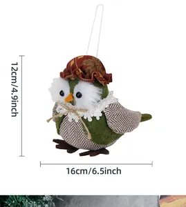 Detail of owl plush pendant showing 12cm height and 16cm length for holiday decoration