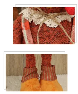 Detailed view of harvest turkey doll featuring lace collar and knitted plaid suspenders