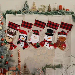 Buffalo Plaid Christmas Stockings Burlap Santa Snowman Reindeer Penguin Gingerbread Man 3D Character Hanging Gift Bag For Fireplace Christmas Tree Holiday Decoration