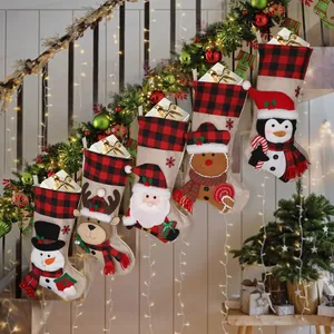 5-pack burlap Christmas stockings with buffalo plaid cuffs featuring Santa and snowman decor