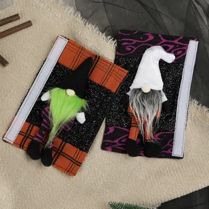 Halloween Gnom Kühlschrank Griffschutz Set mit Karomuster und lila Akzenten für die Küche