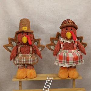 Standing turkey plush dolls for Thanksgiving harvest decor with telescoping legs and plaid outfits