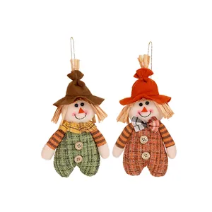 Set of 2 fall scarecrow hanging ornaments for Thanksgiving decor with plaid overalls