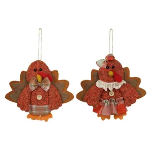 Set of two Thanksgiving fabric turkey hanging ornaments with plaid bows and lace details