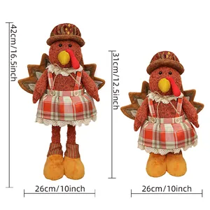 Standing Thanksgiving turkey plush dolls in two sizes with harvest checkered outfits