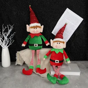 Christmas elf plush dolls with long legs and sequin hats for holiday home window decor
