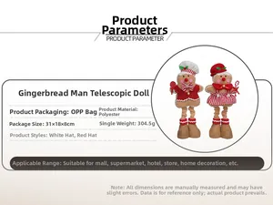 Λεπτομερής προβολή της τηλεσκοπικής κούκλας gingerbread με διαστάσεις και υλικό πολυεστέρα