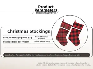 Detail showing red and green plaid Christmas stockings with dimensions and weight specs