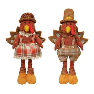 Set of two standing Thanksgiving turkey plush dolls with telescopic legs for home decor