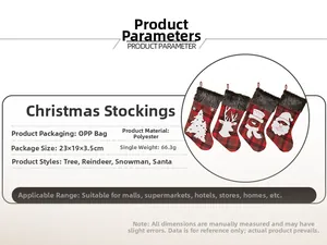 Detailed specs of plaid Christmas stockings with plush trim for holiday decoration