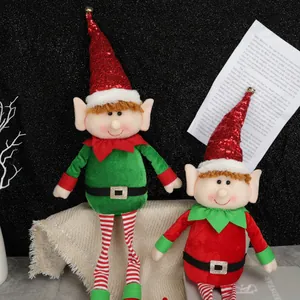 Christmas long-legged elf dolls in red and green sequins for festive home window decoration