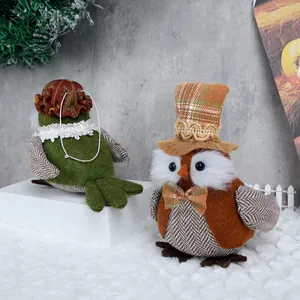 Autumn owl and bird ornaments set with plaid hats for Thanksgiving festive decoration