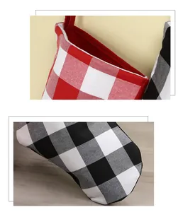 Close-up of red and white buffalo plaid Christmas stockings with durable hanging loops