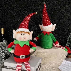 Christmas long-legged elf doll set with sequined red hat for holiday home shelf decor