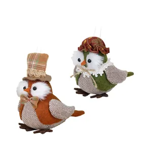 Set of two Thanksgiving owl ornaments made of felt and linen for rustic harvest party decor