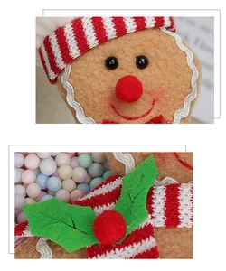 Macro detail of gingerbread man plush ornament featuring felt texture and striped scarf