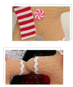Detailed close-up of gingerbread plush charm with striped scarf and peppermint buttons