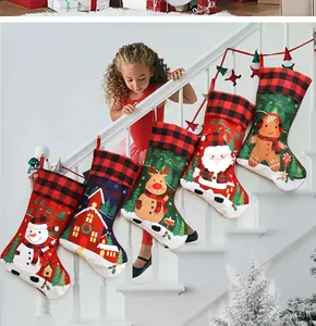 Detailed view of assorted Christmas stockings hung on stairs for holiday home decoration