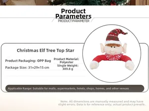 Polyester Christmas Elf tree topper details showing 31x29x15cm size and 389.8g weight