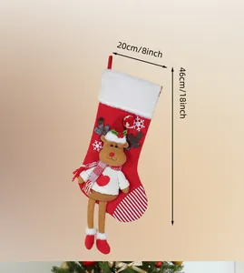 Detail of 18-inch red Christmas stocking with plush elk doll and size markings