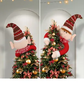 Detailed view of Christmas elf tree topper with striped hat and adjustable plush arms