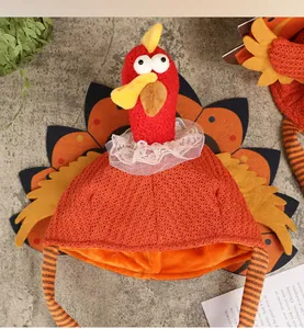 Macro detail of knitted turkey hat for Thanksgiving with lace bow and felt feathers