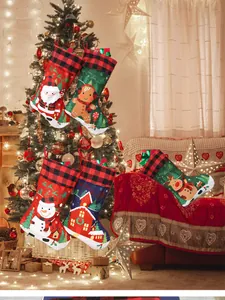 Detailed set of 5 patterned Christmas stockings with red and black buffalo plaid cuffs